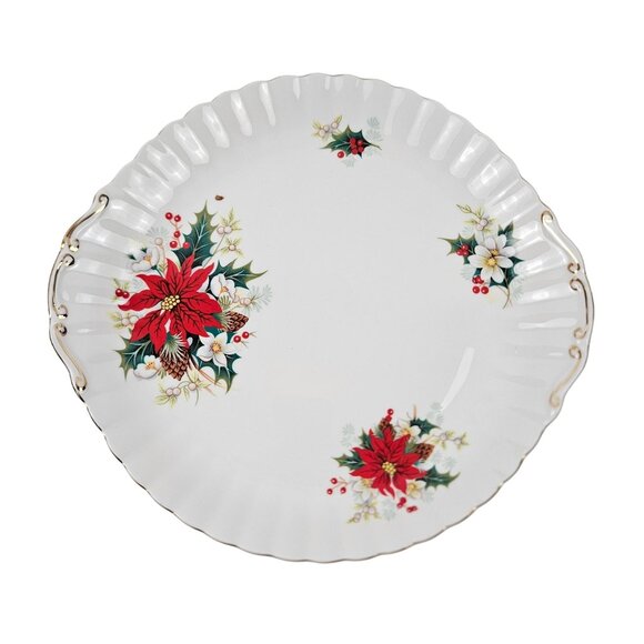Royal Albert Poinsettia Bone China Cake Serving Plate Gold Trim Handles Vintage - Picture 1 of 10
